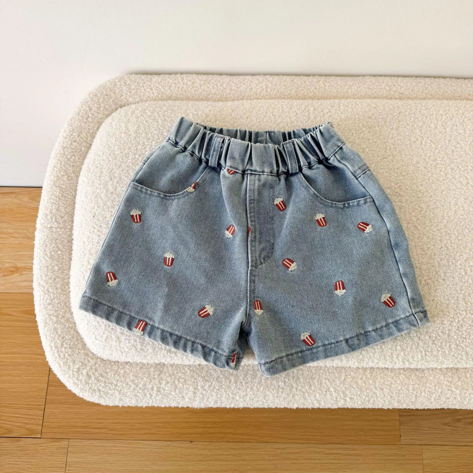 2025 Summer Kids Denim Shorts Children Boys Girls Popcorn Embroidery Short Pants Casual Knee Length Jeans Shorts
