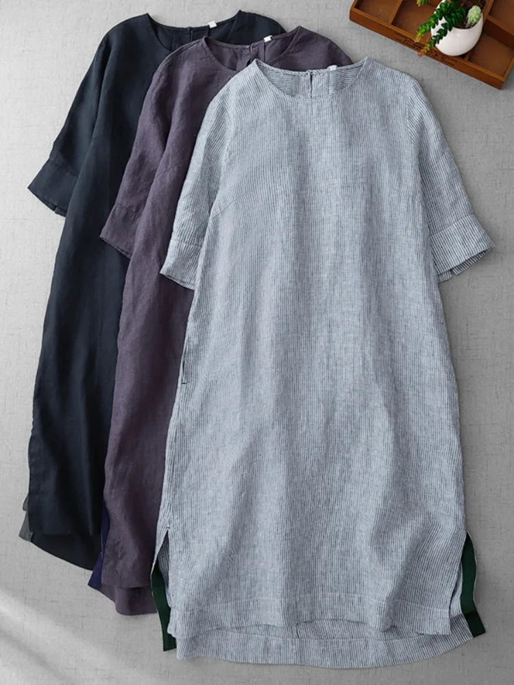 Retro Cotton Linen Mid-Sleeve Dress Summer New Style Slimming Women's A-Line Midi Skirt Casual Loose Waist Comfortable Fit