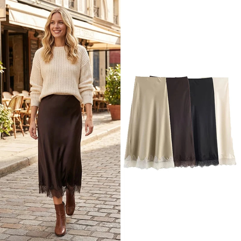 Women's Lace Side Hem Pleated A-Line Midi Skirt – Vintage High Waist Chic Skirt