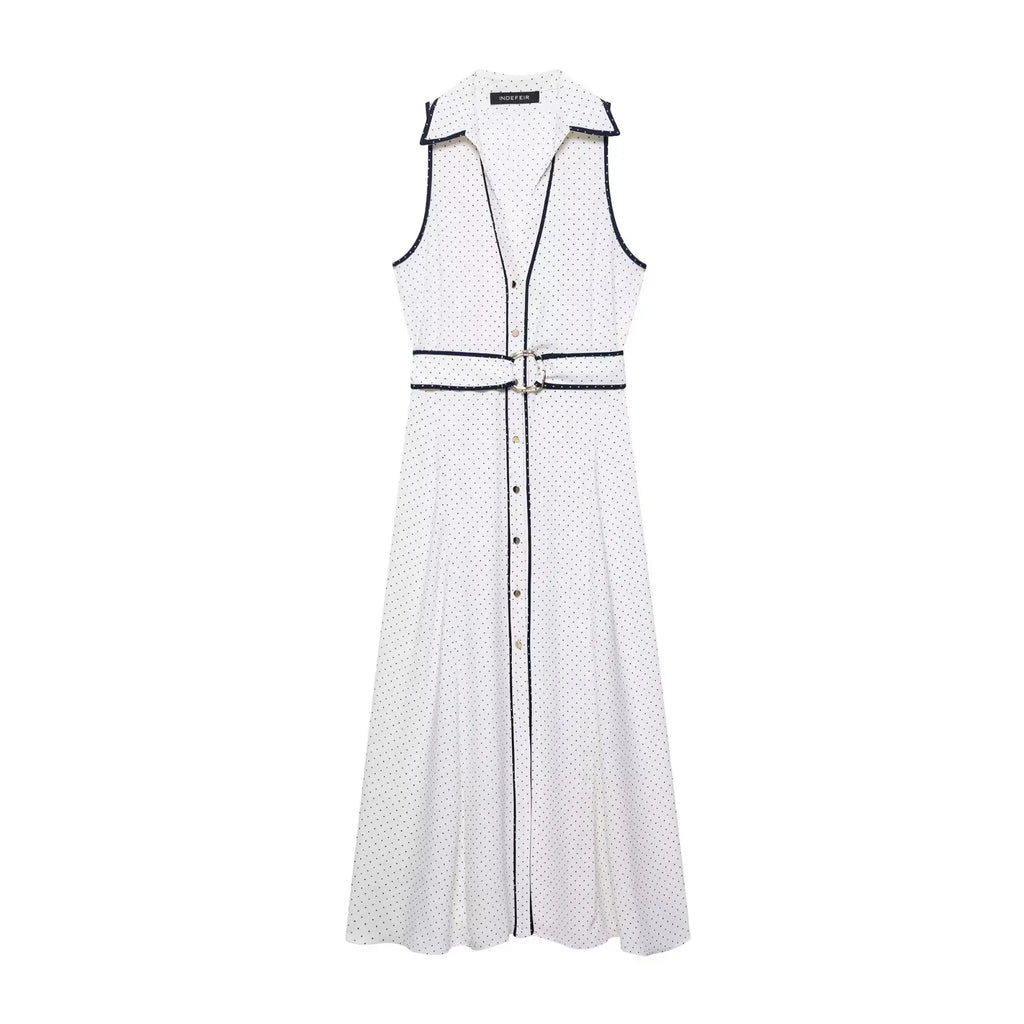 HH Woman Elegant Chic Sleeveless Single-breasted Midi Dress Summer Women Sexy White Polka Dot Shirt Style Chart Dress Mujer