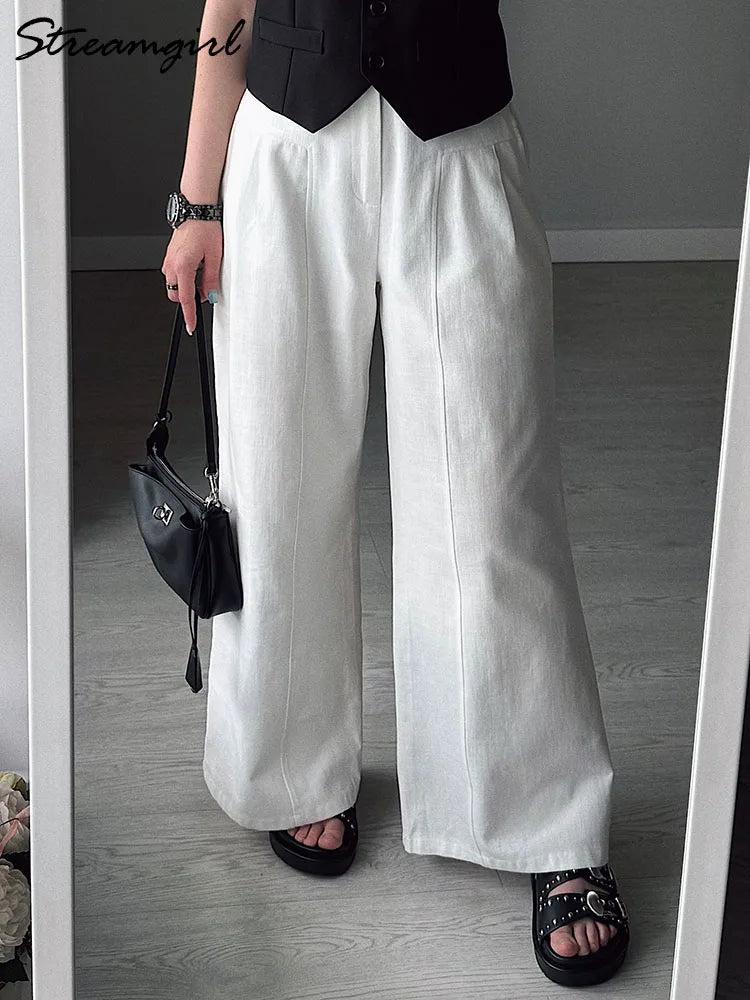 Women's White Cotton High Waist Wide Leg Office Pants – Formal Straight Leg Trousers