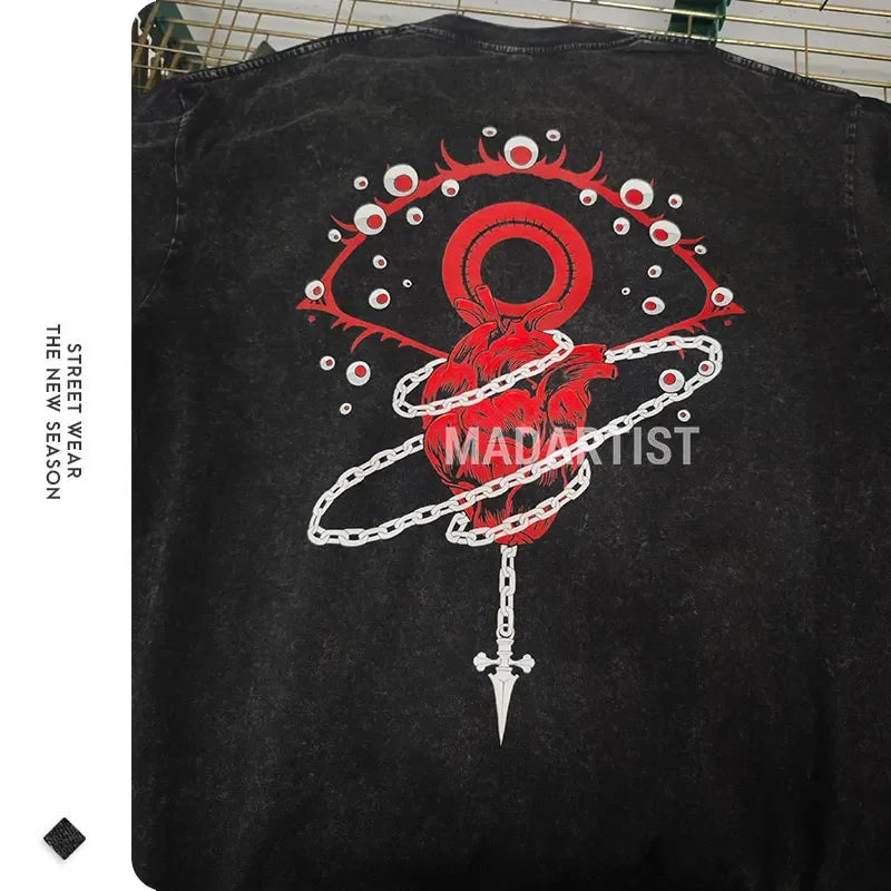 Kurapika T-shirts Vintage Washed Anime Hunter T Shirt Oversize Manga Killua Zoldyck Gon Hisoka Chrollo Tops Tees Men 100% Cotton