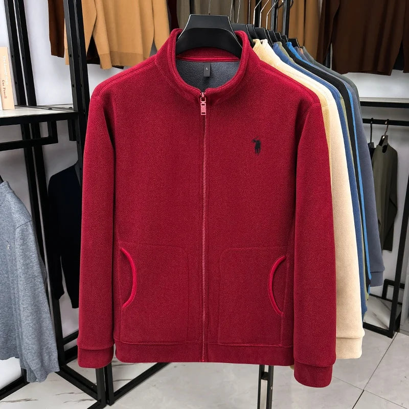 Men's Luxury Velvet Stand Collar Embroidered Jacket – Warm Zipper Cardigan Coat