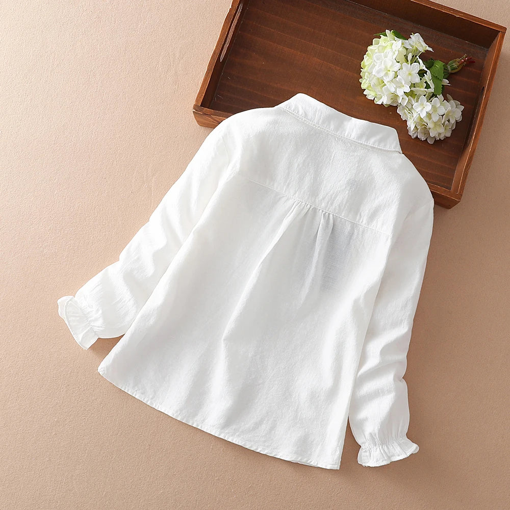 Girls Embroidery White Long Sleeve Blouse – 100% Cotton School Shirt Ages 8–12