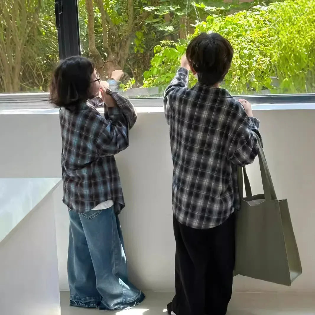 Kids Korean Velvet Plaid Long Sleeve Shirt – Casual Loose Autumn Top