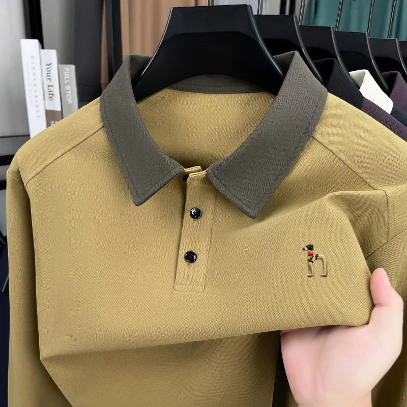 Luxury trend long sleeve men's polo shirt brand high-end cartoon dog embroidery autumn new unique color blocked lapel T-shirt