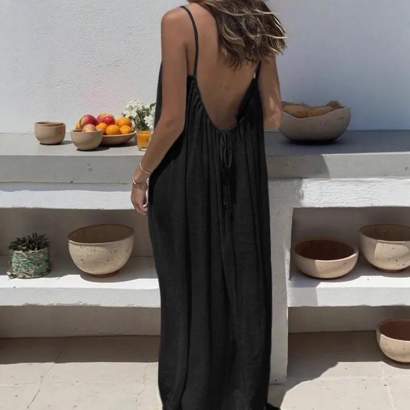 Women's Loose Spaghetti Strap Casual Summer Dress – Solid Color Vacation Homewear