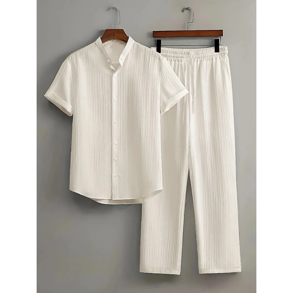 Men's Two Pieces Casual Outfit Loungewear Solid Color Textured Short Sleeve Button Down Shirt and Long Drawstring Pants