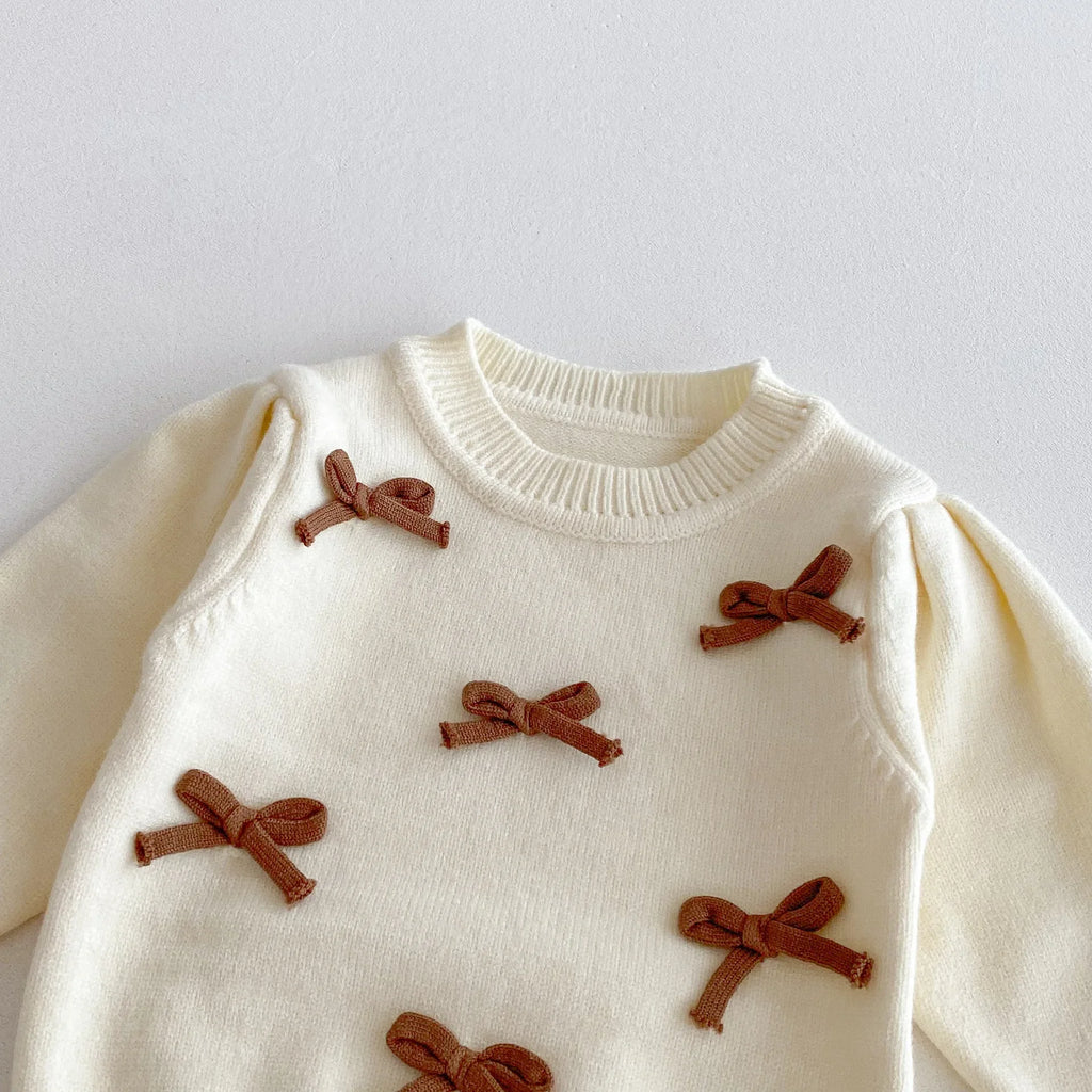 Baby Girl 3-Piece Knitted Outfit Set  Autumn Cute Bowknot Cream Sweater + Brown Ruffle Flared Pants + Mini Bag Girls Clothing