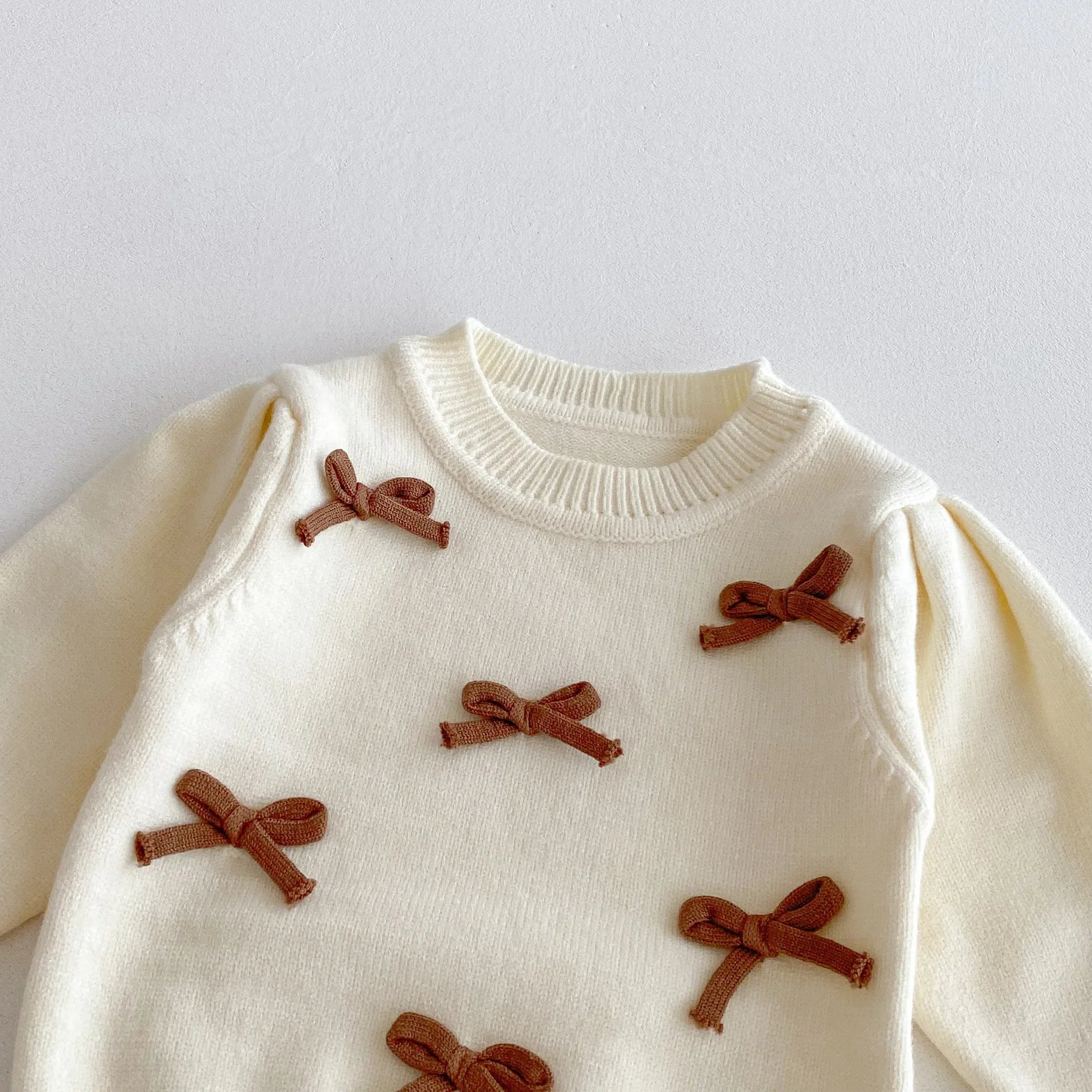 Baby Girl 3-Piece Knitted Outfit Set  Autumn Cute Bowknot Cream Sweater + Brown Ruffle Flared Pants + Mini Bag Girls Clothing