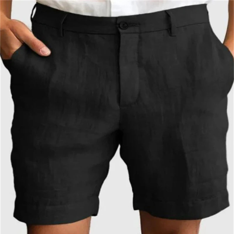 Summer Breathable Casual Linen Shorts Mens Fashionable Zip-up Button Shorts Daily Leisure Loose Straight Solid Color Men Shorts