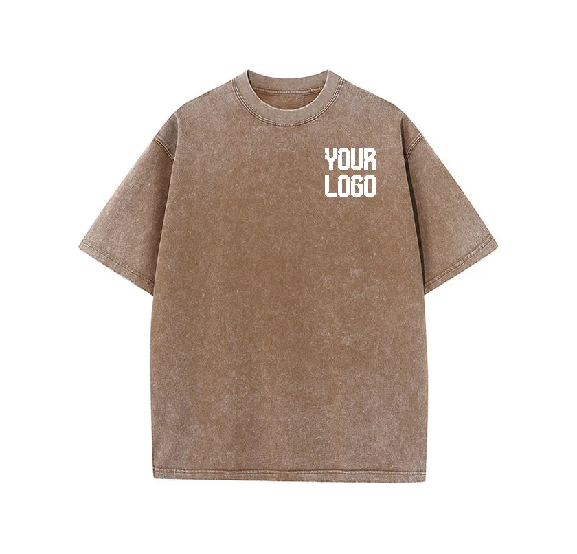 European washed retro round neck short sleeved shirt for men and women, 100% pure cotton, customizable logo