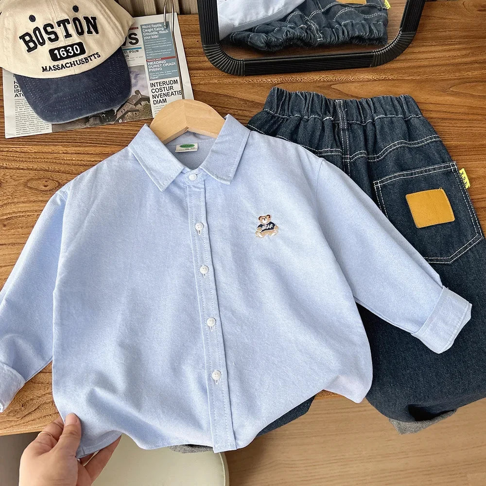Boys Cute Bear Embroidery Striped Long Sleeve Blouse – Cotton Top 100–150cm