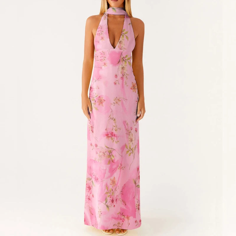 Maemukilabe Sexy Sleeveless Low Cut Print Maxi Dress Boho Halter Neck Slim Fit Flowy Long Dress Backless Floral Summer Beachwear