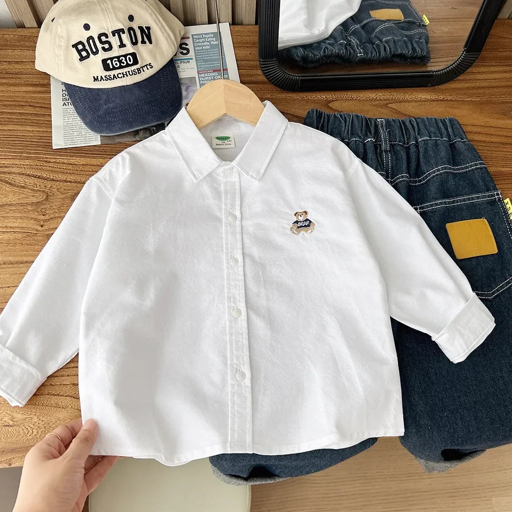 Boys Cute Bear Embroidery Striped Long Sleeve Blouse – Cotton Top 100–150cm