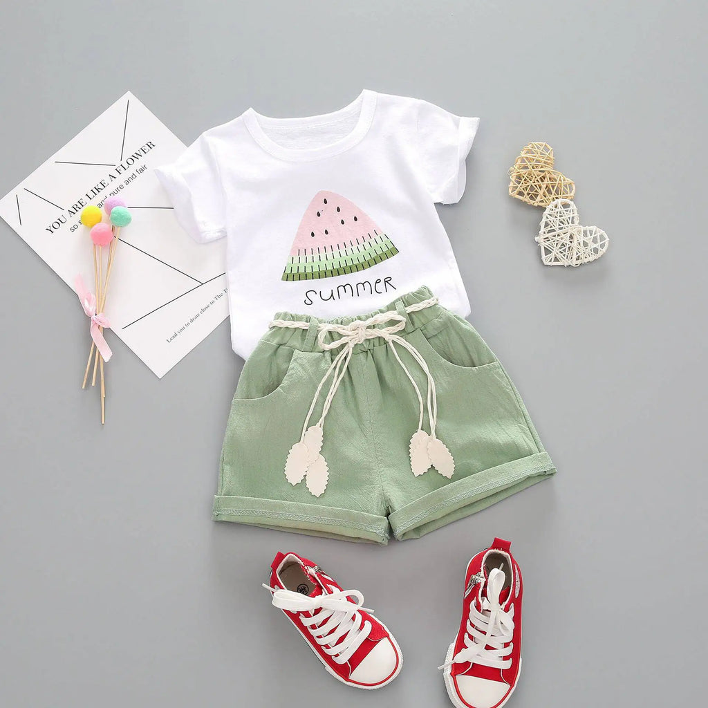 Girls Cartoon Short Sleeve T-Shirt & Shorts Set – Cotton 2-Piece Summer Outfit