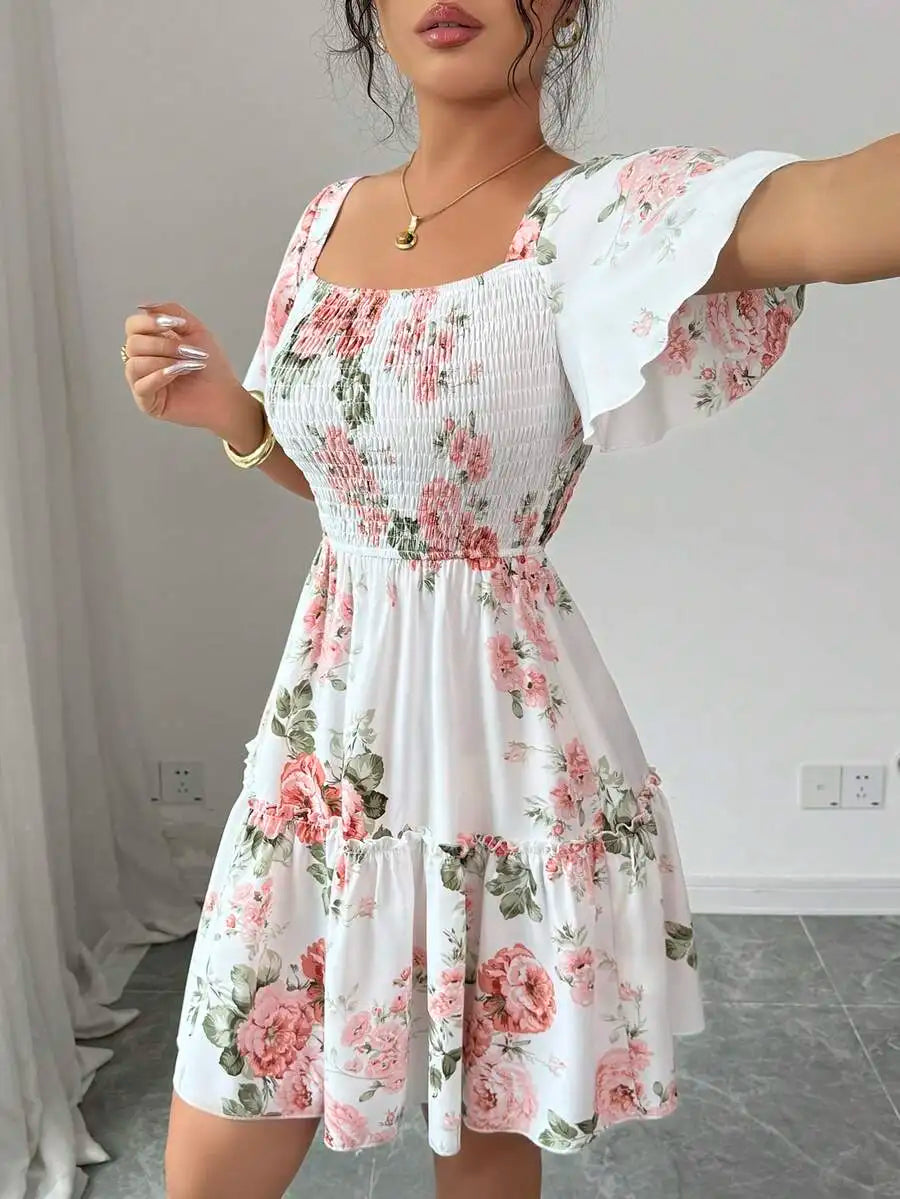 Women's Floral Print Ruffle Hem Short Sleeve Casual Dress – Vacation Evening Style