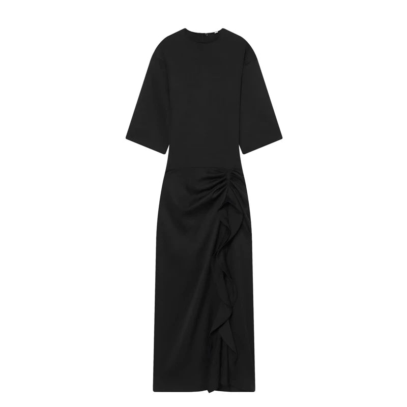 Elegant Beige Midi Dress Women Half Sleeve Round Neck Ruched Waist Ruffle Slit Formal Outfit