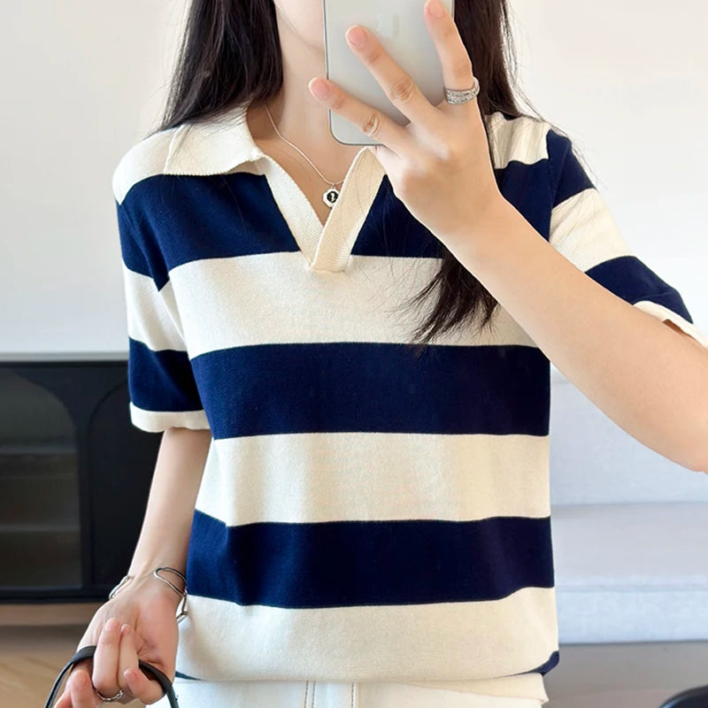 Women's Solid Polo Shirt – Half Sleeve Cotton Striped Casual Knit T-Shirt