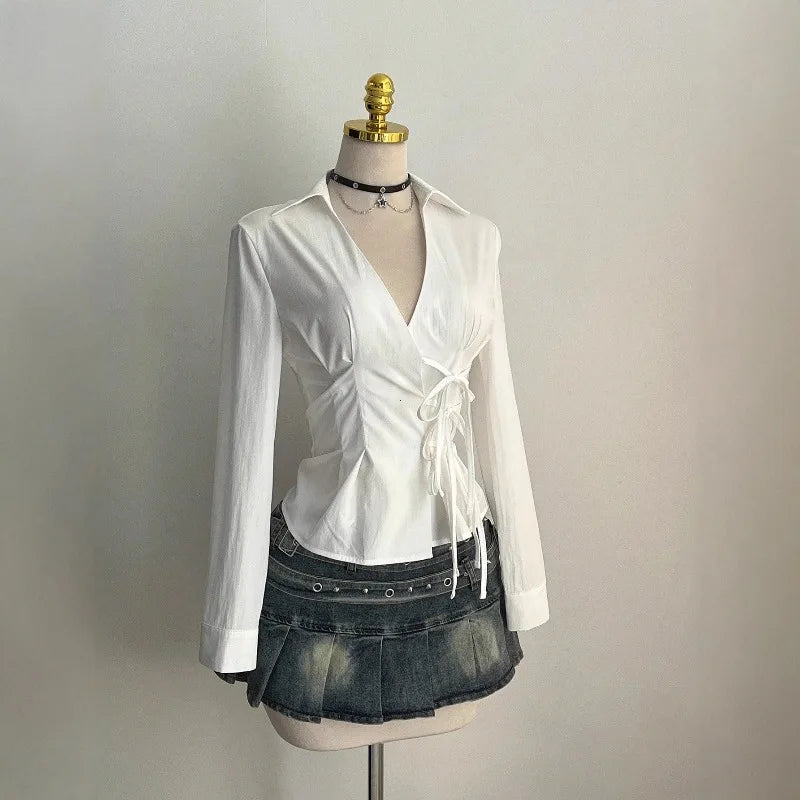 Harajuku Women's Shirt Unique Aesthetic Solid Color Slim Fit Sexy Y2K Girls Tie-Waist Gothic Street Style Casual V-Neck Tops