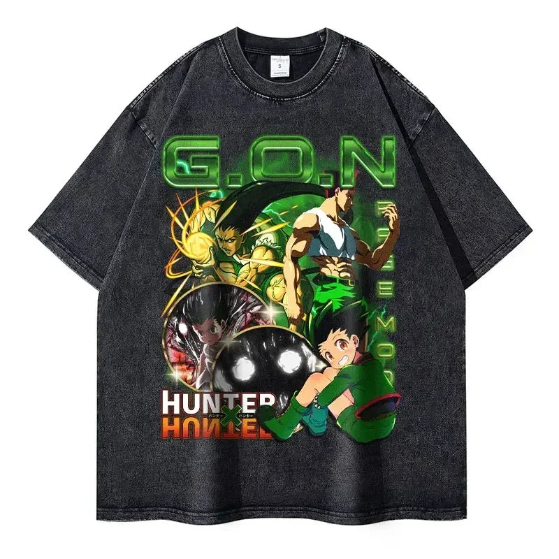 Kurapika T-shirts Vintage Washed Anime Hunter T Shirt Oversize Manga Killua Zoldyck Gon Hisoka Chrollo Tops Tees Men 100% Cotton