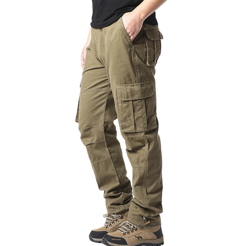 Men's Large Pocket Loose Tactical Jogger Pants – Cotton Elastic Waist Cargo Trousers