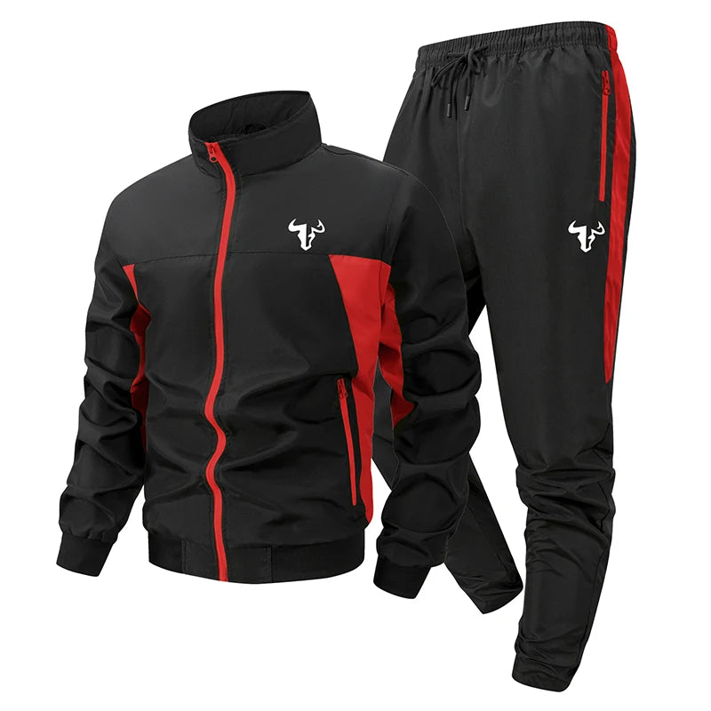 Bull Print Colorblock Sports Set for Men Outdoor Stand Collar Zip Up Jacket Coat Outwear Tops Pants Trousers with Zipper Pockets