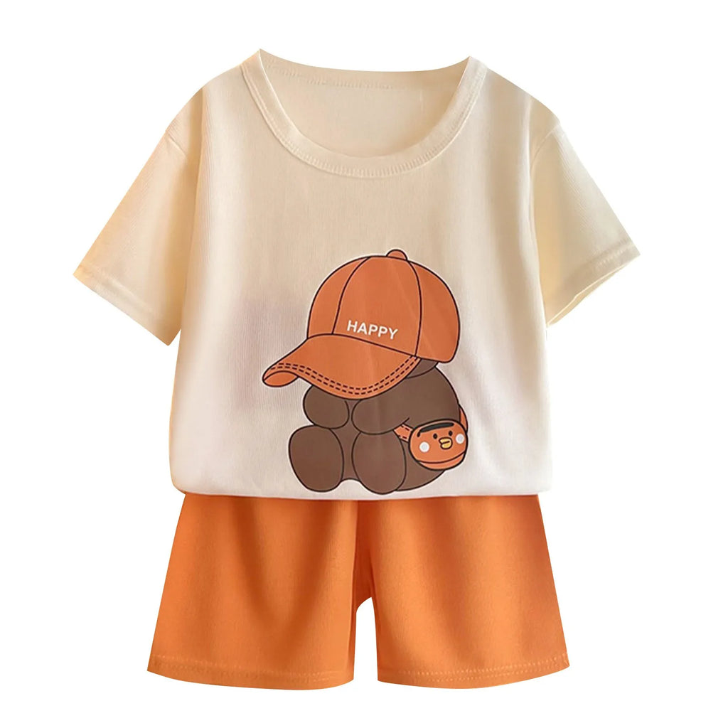 Boys Bear Print Short Sleeve T-Shirt & Shorts Set – Cotton 2-Piece Casual Outfit