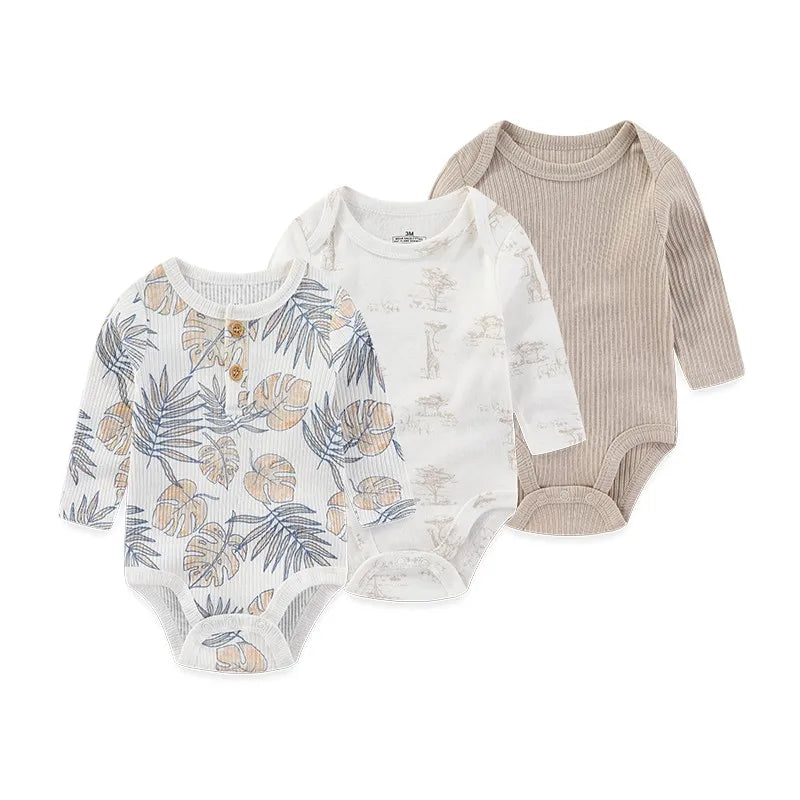 Newborn Cartoon Long Sleeve Bodysuit – 100% Cotton Baby Onesie 3-Pack