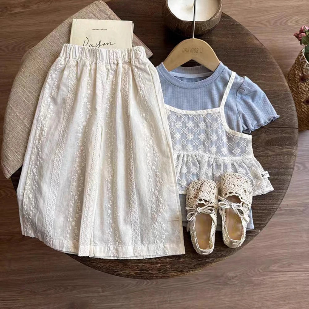 Girls Sweet Lace Camisole & Pants Set – Fake Two-Piece Casual Summer Outfit