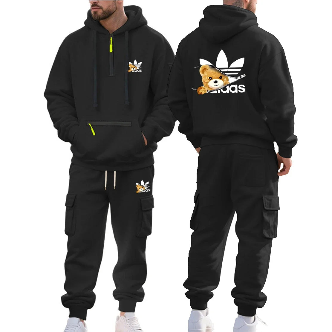 Autumn and Winter Printed New Men's Velvet Hoodie, Work Clothes, Pants Set, Sports Fashion, Leisure Multi Pocket 2-piece Set