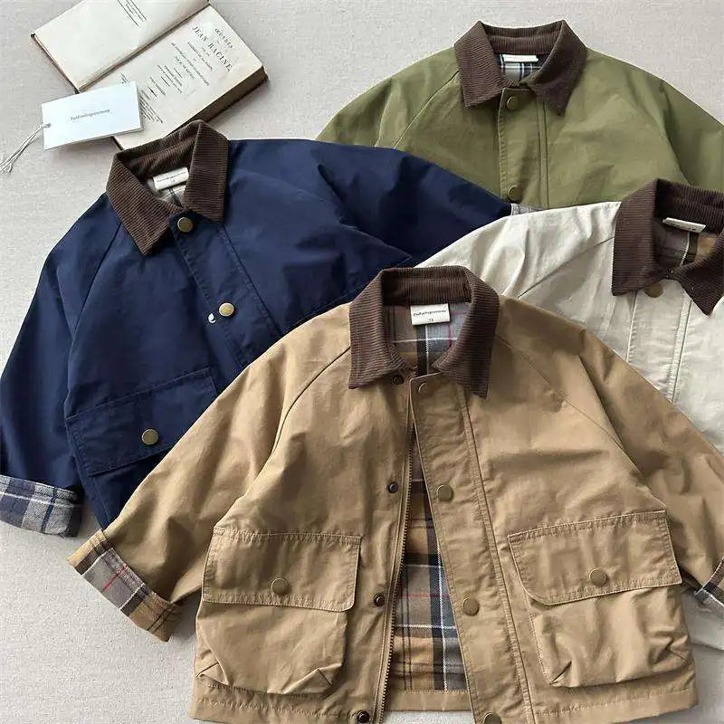 Boys Plaid Spliced Pocket Long Sleeve Jacket – Toddler Outerwear Coat