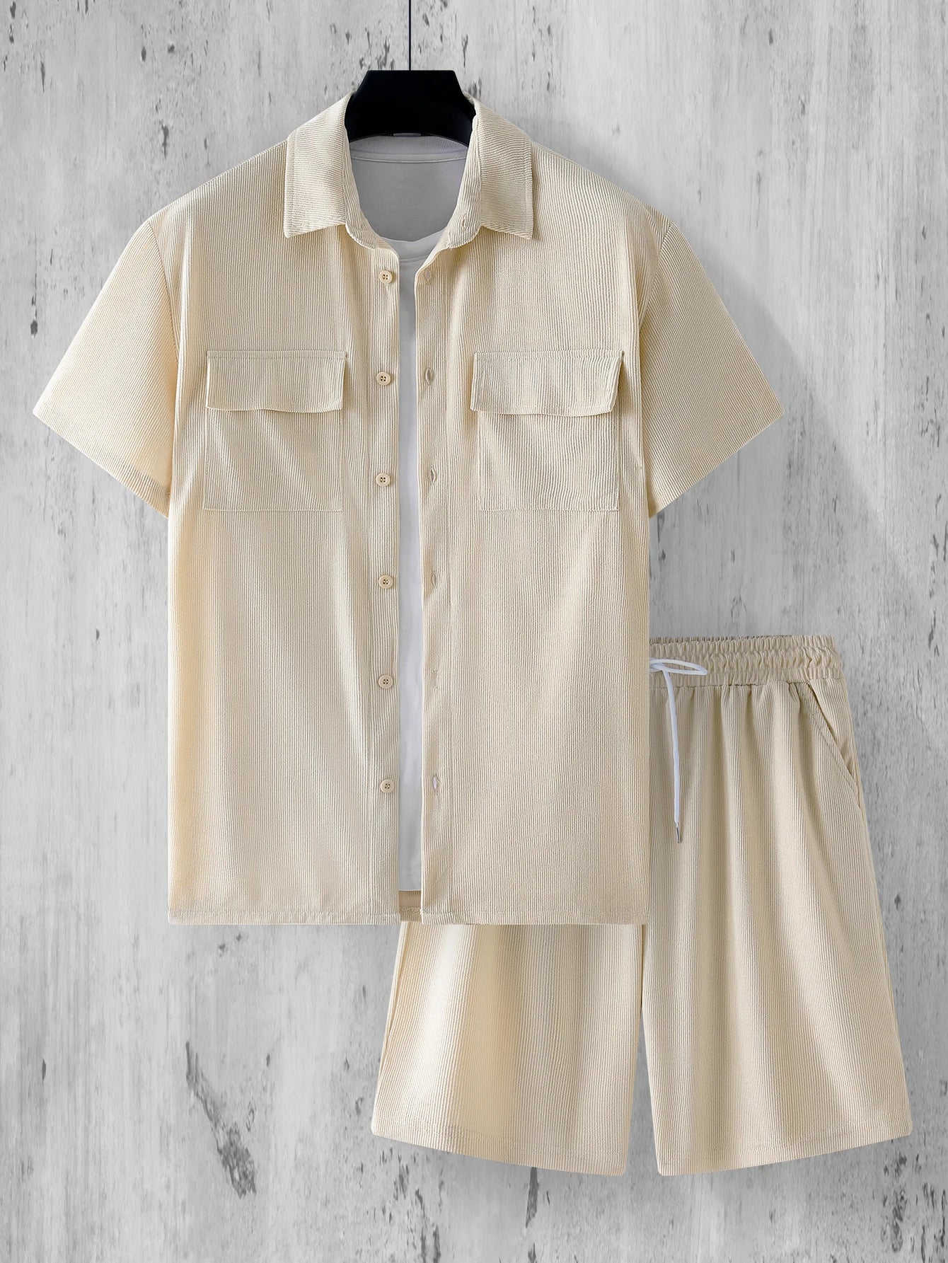 2025Summer street wear two-piece retro solid color corduroy shirt and shorts set men's fashionable and steady short sleeved set