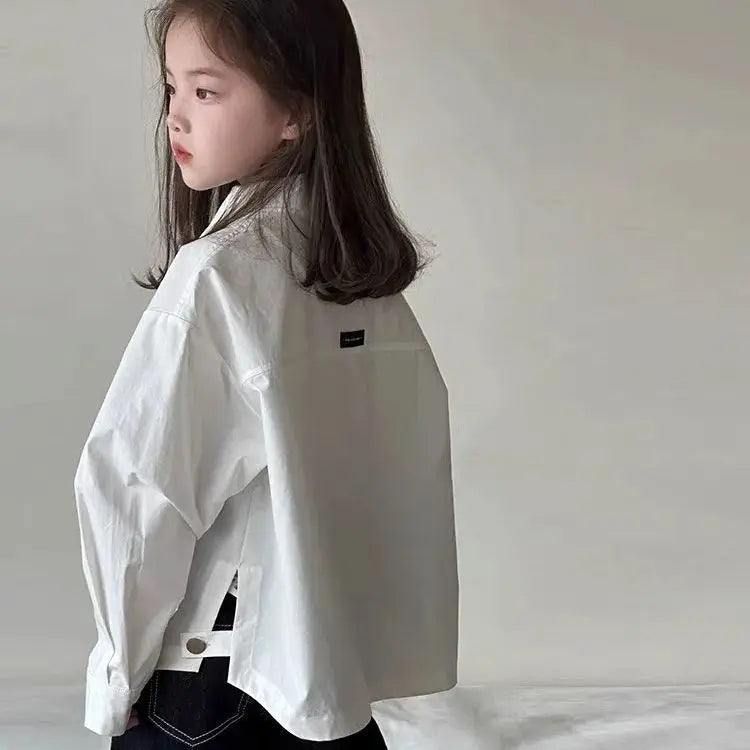 Girls Korean Style Loose White Long Sleeve Shirt – Versatile Casual Blouse