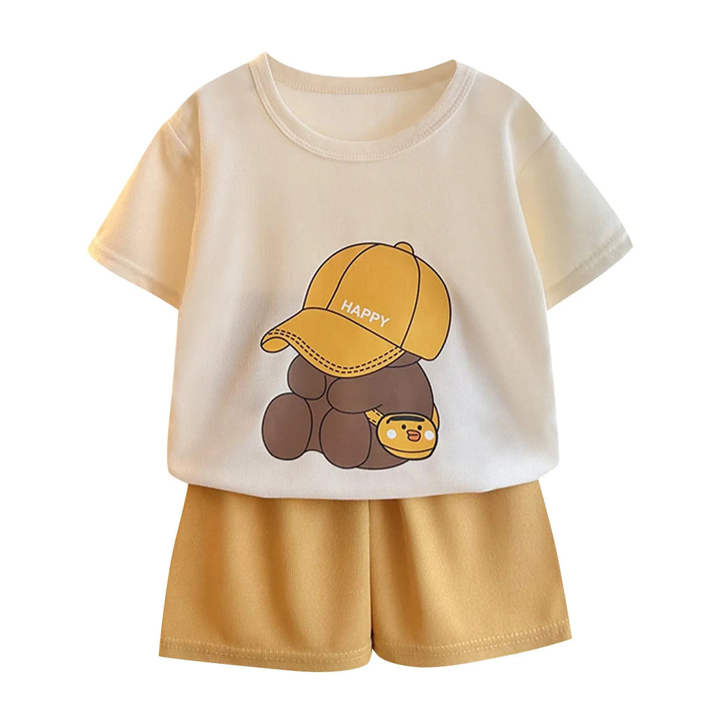 Boys Bear Print Short Sleeve T-Shirt & Shorts Set – Cotton 2-Piece Casual Outfit