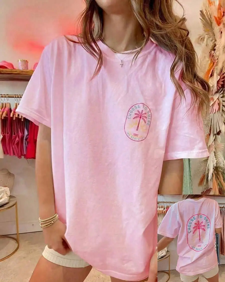 Women's Y2K Coconut Tree Graphic Oversized T-Shirt – Short Sleeve Round Neck Loose Tee