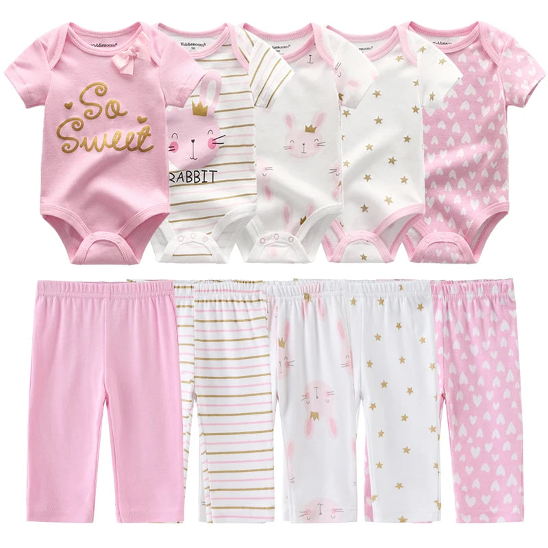 Unisex 6/9/10Pieces Cotton New Born Bodysuits+Pants Baby Girl Clothes Sets Cartoon Print Short Sleeve Baby Boy Clothes Bebes