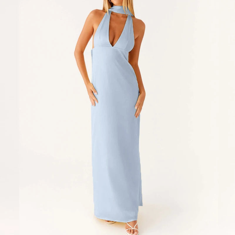 Maemukilabe Sexy Sleeveless Low Cut Print Maxi Dress Boho Halter Neck Slim Fit Flowy Long Dress Backless Floral Summer Beachwear