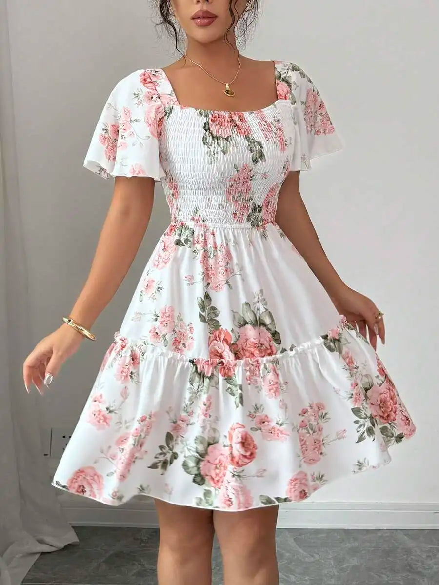 Women's Floral Print Ruffle Hem Short Sleeve Casual Dress – Vacation Evening Style