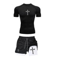 Fashionable printed breathable compression sportswear men's training two-piece set tight T-shirt shorts gym workout set