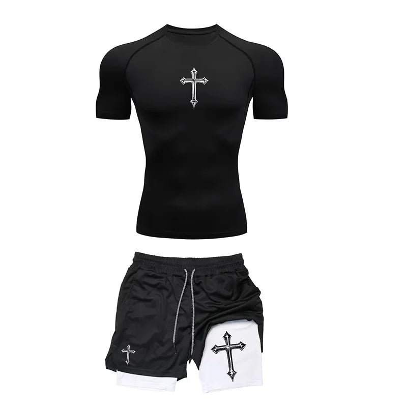 Fashionable printed breathable compression sportswear men's training two-piece set tight T-shirt shorts gym workout set