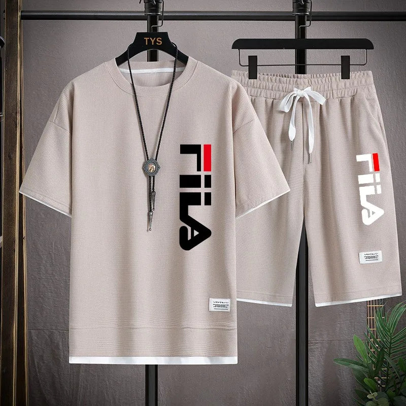 Fashionable printed T-shirt shorts set for men, sporty and comfortable, summer waffle style set