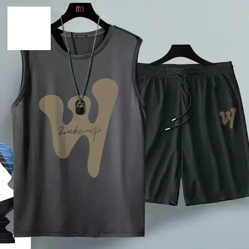 ملابس رجالية صيفية 2024، تصميم هاراجوكو، ملابس رياضية عصرية تسمح بمرور الهواء، طقم كرة سلة كاجوال مكون من قطعتين: تيشيرت بأكمام قصيرة وشورت