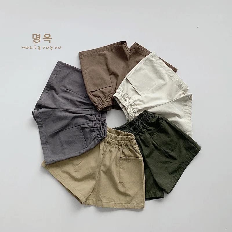 2026 Summer New Children Loose Shorts Solid Vintage Girls Casual Shorts Baby Boys Versatile Pocket Short Pants Kids Clothes