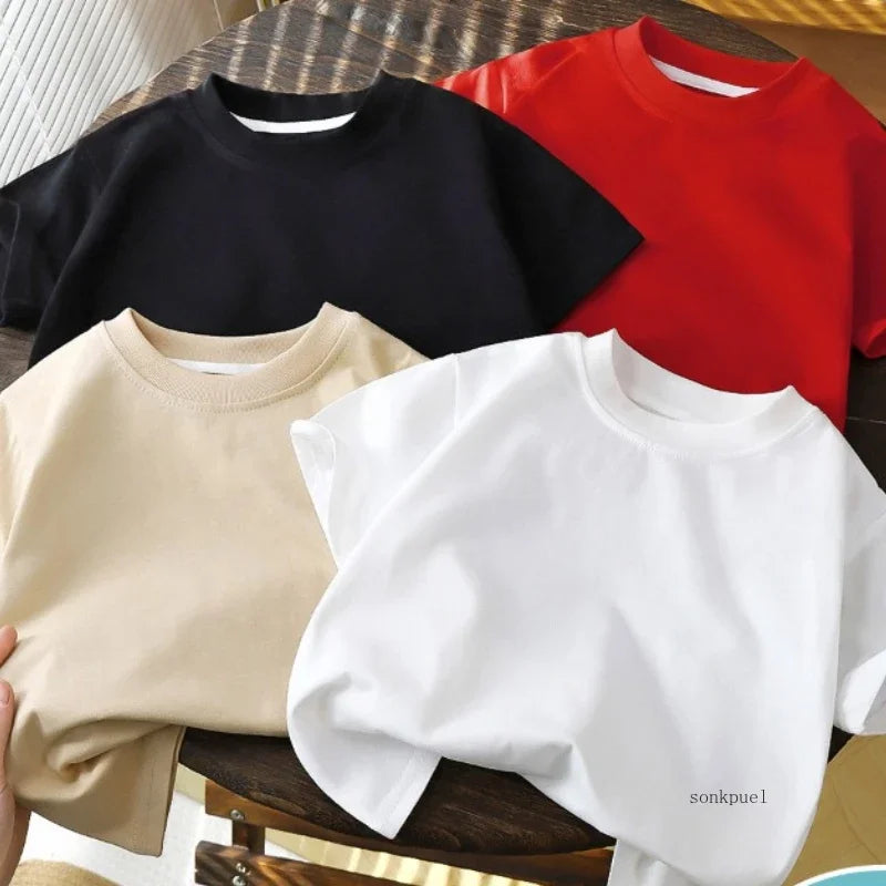 Kids Solid Cotton Short Sleeve T-Shirt – Classic White, Red & Black Tee