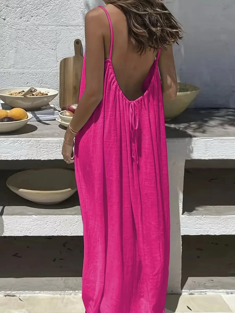Women's Loose Spaghetti Strap Casual Summer Dress – Solid Color Vacation Homewear