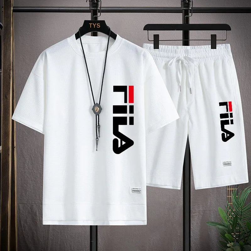 Fashionable printed T-shirt shorts set for men, sporty and comfortable, summer waffle style set