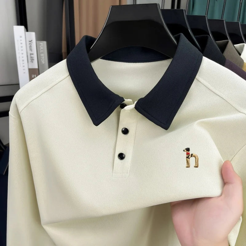 Luxury trend long sleeve men's polo shirt brand high-end cartoon dog embroidery autumn new unique color blocked lapel T-shirt