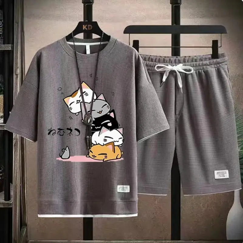 2024 Men's Summer Waffle Set Brand Fashion Casual T-shirt+Shorts Set Men's Sports Set Loose ComfortableSlo Two-piece Set