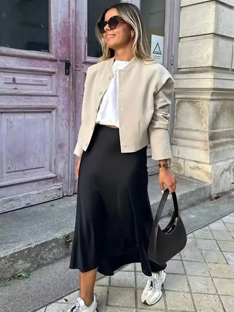 Women's Black Satin High Waist Midi Skirt – Elegant Office Summer Skirt